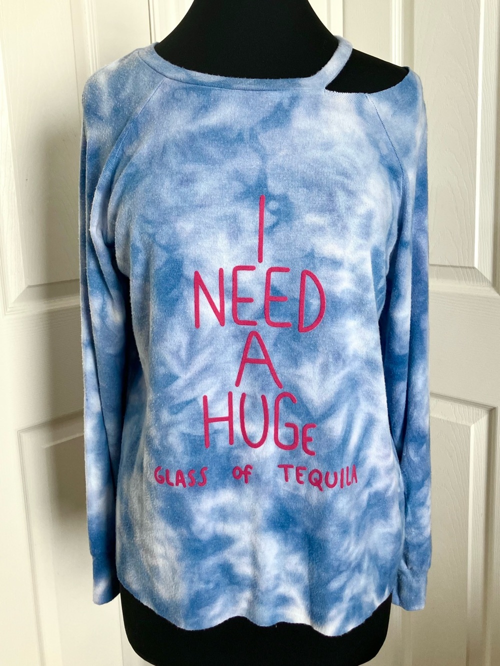 NWT Wildfox "I Need a Huge Glass of Tequila" Cutout Sweatshirt Blue Tie-dye Sz M
